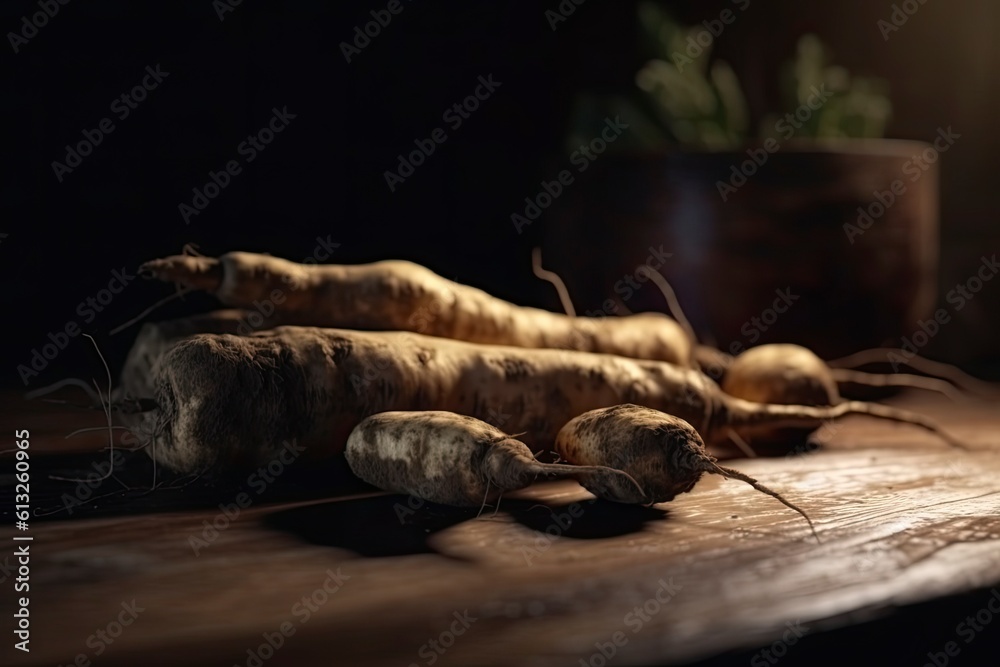Rotten parsnips on a wooden table. Dim studio light. Generative Ai