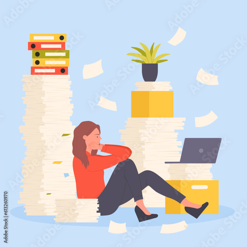 Bureaucracy, employees stress from paperwork overload in office vector illustration. Cartoon frustrated tired woman sitting near big piles of paper documents, stack of unorganized messy folders