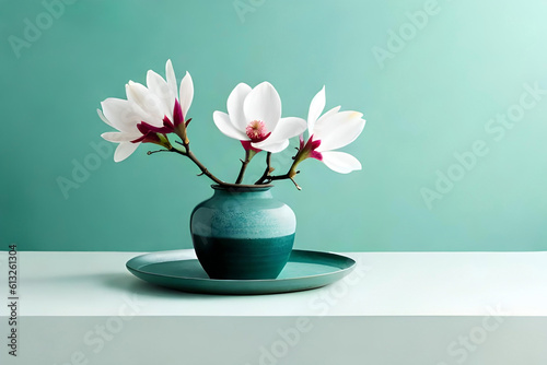 Magnolia arrangement in a vase on a light green background  with a ceramic minimalist tray as minimalist decor