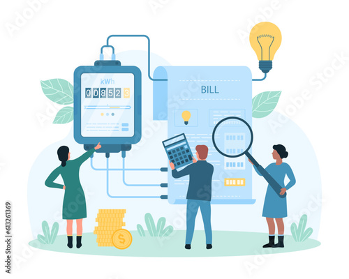 Electricity bill payment and inspection vector illustration. Cartoon tiny people holding magnifying glass and calculator to check readings of electric meter, pay per kilowatt and energy consumption
