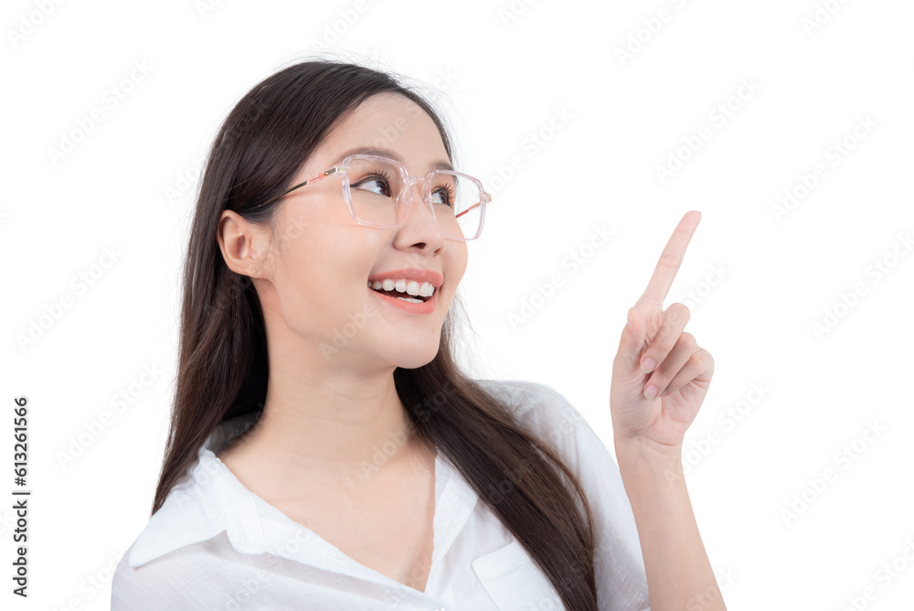 smiling face sweet woman with a smiling face uses hands pointing up. Isolated on white background smiling face sweet woman with a smiling face uses hands pointing up. Isolated on white background