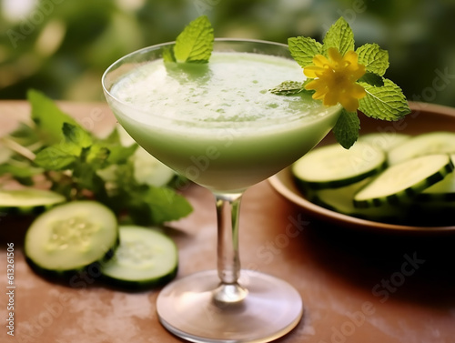 CUCUMBER MINT MARGARITA sat on a table with mint leaves and flowers,Generative AI © Dushan
