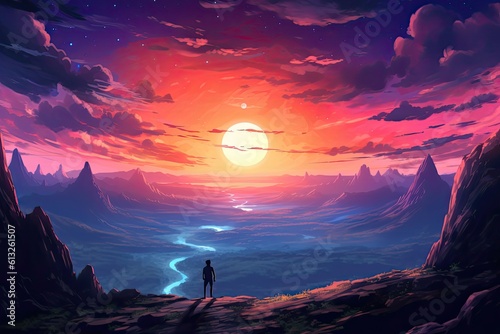 An anime-inspired picture captures the beauty of a serene sunset, with warm hues painting the sky, creating a breathtaking and tranquil scene