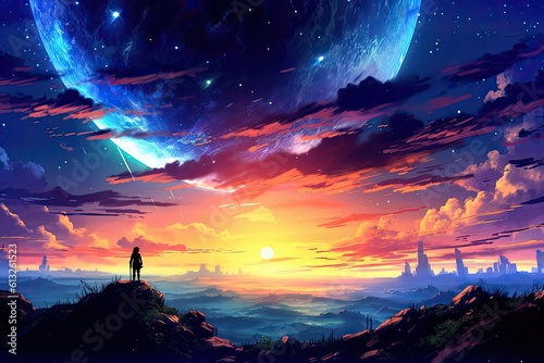 An anime-inspired picture captures the beauty of a serene sunset, with warm hues painting the sky, creating a breathtaking and tranquil scene
