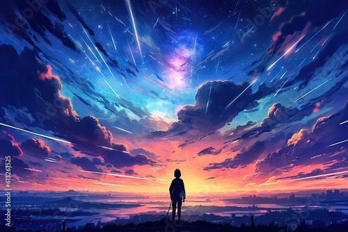 An anime-inspired picture captures the beauty of a serene sunset, with warm hues painting the sky, creating a breathtaking and tranquil scene