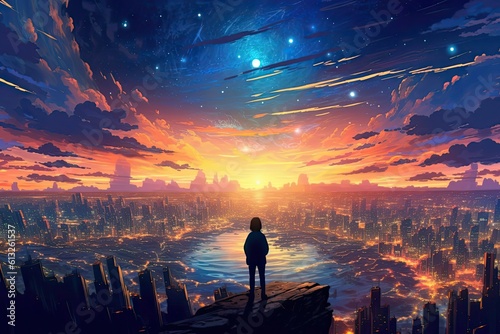 An anime-inspired picture captures the beauty of a serene sunset, with warm hues painting the sky, creating a breathtaking and tranquil scene