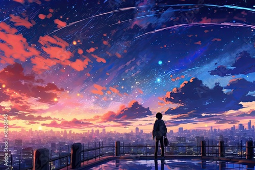 An anime-inspired picture captures the beauty of a serene sunset, with warm hues painting the sky, creating a breathtaking and tranquil scene