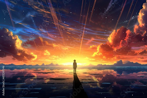 An anime-inspired picture captures the beauty of a serene sunset, with warm hues painting the sky, creating a breathtaking and tranquil scene