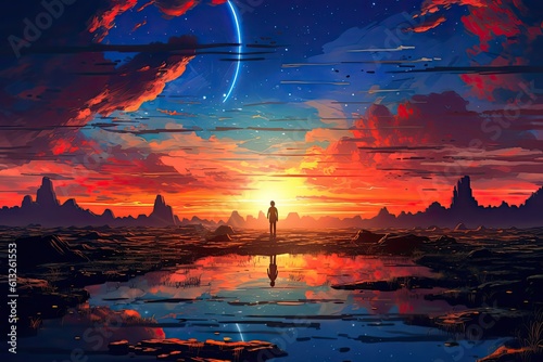 An anime-inspired picture captures the beauty of a serene sunset, with warm hues painting the sky, creating a breathtaking and tranquil scene