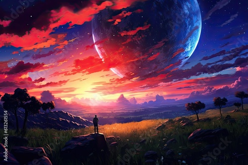 An anime-inspired picture captures the beauty of a serene sunset, with warm hues painting the sky, creating a breathtaking and tranquil scene