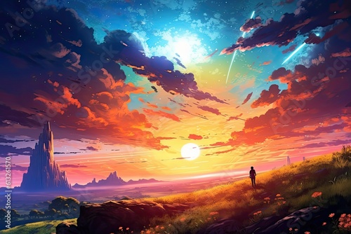 An anime-inspired picture captures the beauty of a serene sunset, with warm hues painting the sky, creating a breathtaking and tranquil scene