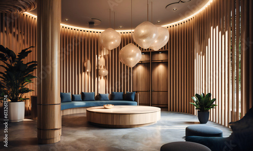 the lobby interior of an interior style hotel with wooden slats