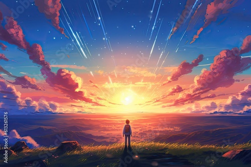 An anime-inspired picture captures the beauty of a serene sunset, with warm hues painting the sky, creating a breathtaking and tranquil scene