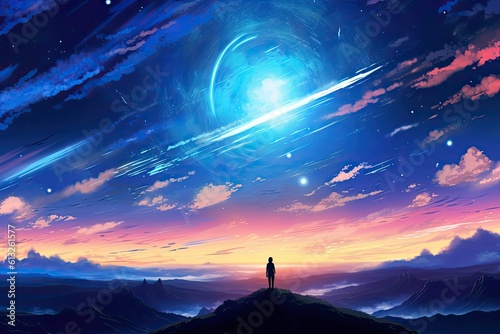 An anime-inspired picture captures the beauty of a serene sunset, with warm hues painting the sky, creating a breathtaking and tranquil scene