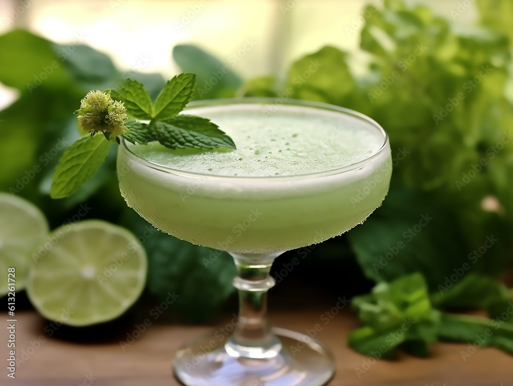 CUCUMBER MINT MARGARITA sat on a table with mint leaves and flowers,Generative AI
