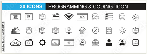 Developer icon set. Included the icons as code, programmer coding, mobile app, API, node connect, flow, logic, and web coder Vector.