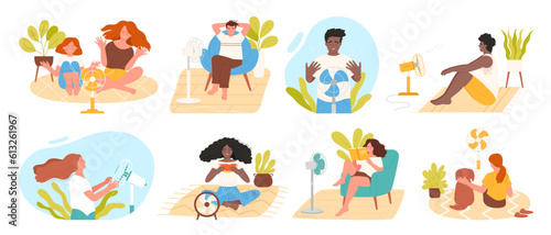 People enjoy fresh air flow of electric fan in summer heat vector illustration. Cartoon male and female characters sitting in front of blower on floor or in armchair, reading book, eating watermelon