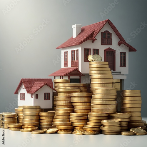 many houses with a lot of coin stack, idea for property investment, income , tax, and passive income, Generative AI.