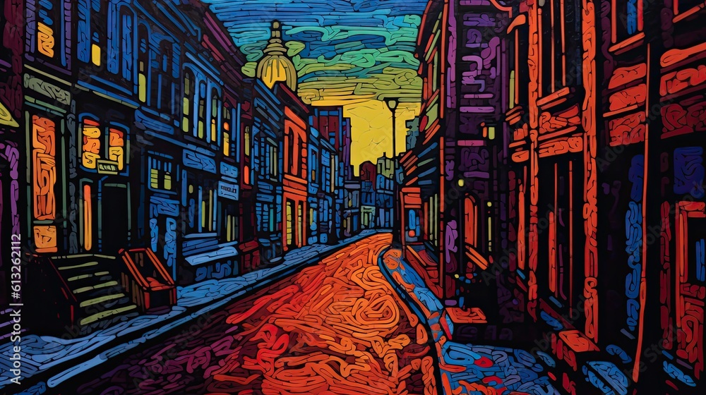 Obraz premium A vibrant and energetic city street comes to life in a captivating drawing with colorful details and expressive heavy strokes