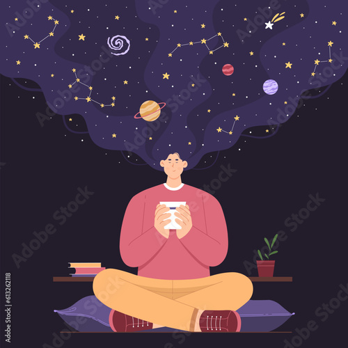 Magic beauty of space and universe inside, dream, meditation and self care of person vector illustration. Cartoon happy woman with galaxy in long hair holding coffee cup, sitting in lotus position