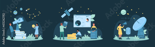Space communication set vector illustration. Cartoon tiny people look at constellations of night sky through telescope in observatory, connect to satellite and radar with antenna, send message