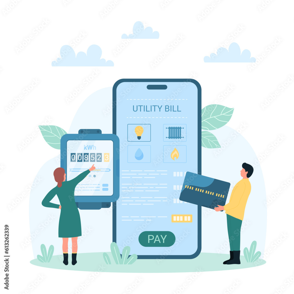 Payment of utility bills in mobile app vector illustration. Cartoon tiny people check electric meter readings, hold credit card to pay for natural resources consumption through smartphone application Payment of utility bills in mobile app vector illustration. Cartoon tiny people check electric meter readings, hold credit card to pay for natural resources consumption through smartphone application