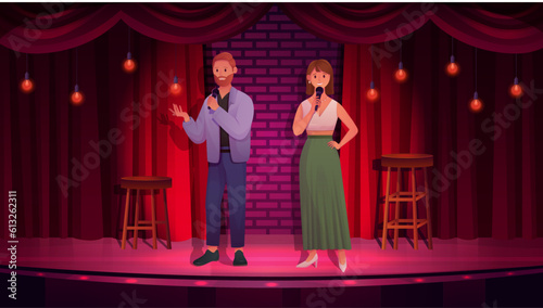 Standup, comedy show with comedians couple with mic on stage vector illustration. Cartoon male female speaker characters standing, comic man and woman with microphone joking in night club