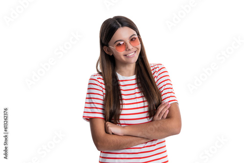 photo of cheerful summer tween girl wear striped clothes. summer tween girl wear striped shirt