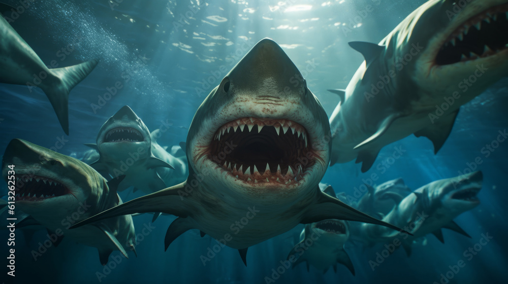 Naklejka premium Predatory Frenzy. A Convocation of Sharks Poised for the Hunt. AI Generated