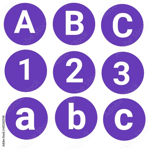 alphabet and number on the circle with white background.