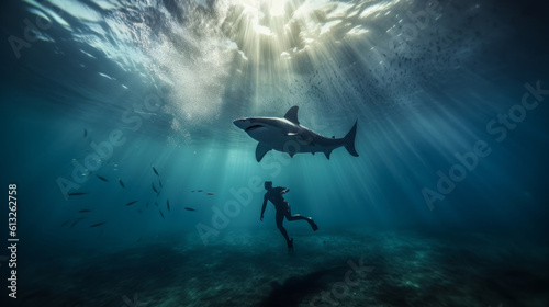 Diver Unaware of Approaching Great White Shark in Ocean, Enhanced by God Rays on background. Generative AI