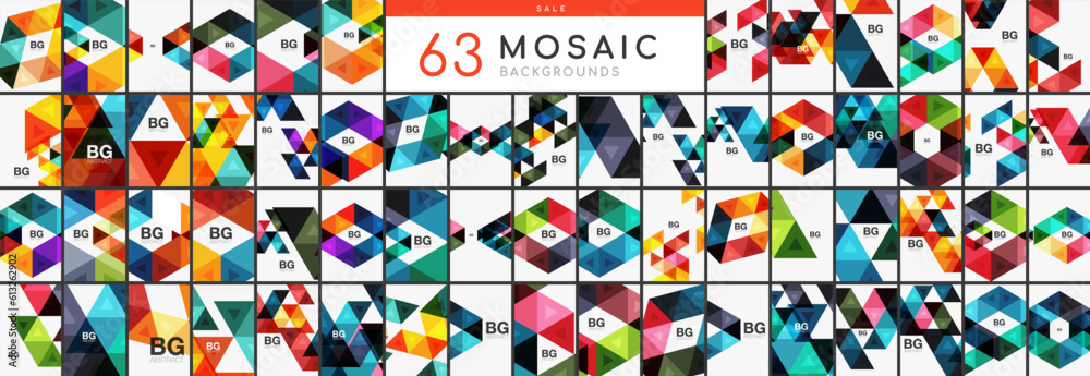 Mega collection of triangle mosaics. Elements bundle for wallpaper, banner, background, landing page, wall art, invitation, print, posters