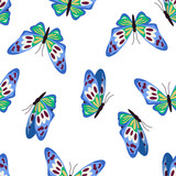 Seamless bright pattern with beautiful flying butterflies on a white background. Vector graphic.