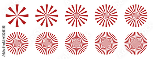 Collection or set of sunburst elements. Red radial stripes