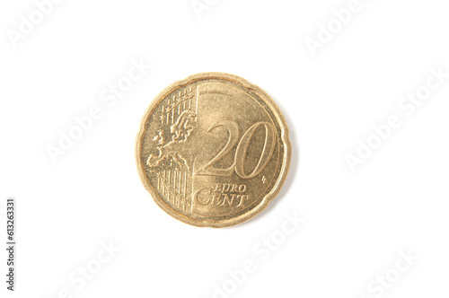 Twenty euro cent closeup on white background