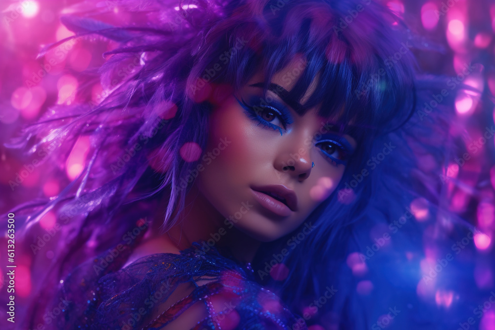 Portrait of a woman with feathers with purple hair in colorful bright neon lights. 