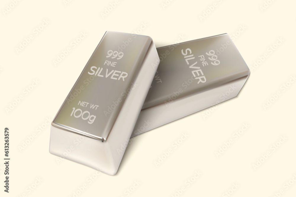 Two Silver bars on isolated background. 100gm Silver Ingot. 3D Render. Vector illustration. Two Silver bars on isolated background. 100gm Silver Ingot. 3D Render. Vector illustration.