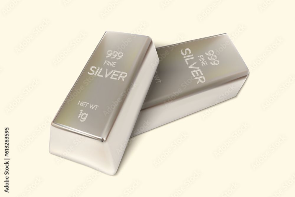 Two Silver bars on isolated background. 1gm Silver Ingot. 3D Render. Vector illustration. Two Silver bars on isolated background. 1gm Silver Ingot. 3D Render. Vector illustration.