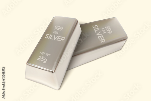 Two Silver bars on isolated background. 25gm Silver Ingot. 3D Render. Vector illustration.