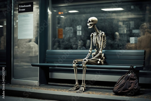 Ai generated illustration Skeletons sitting and waiting photo