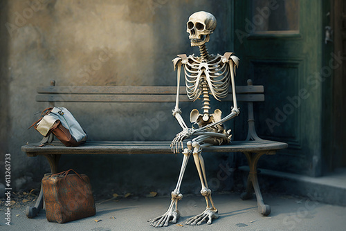 Ai generated illustration Skeletons sitting and waiting photo