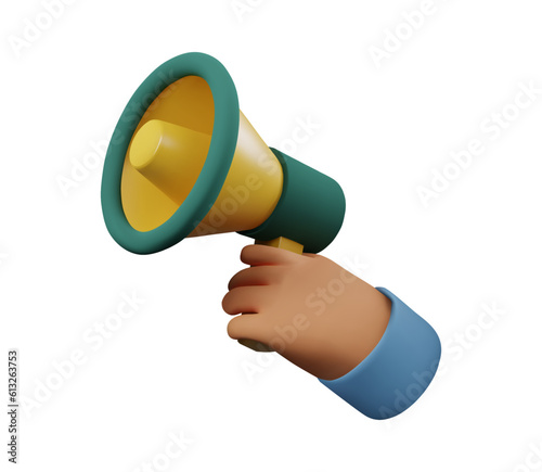 3d render hand holding a megaphone in green and yellow color for web and app. Plastic cartoon style