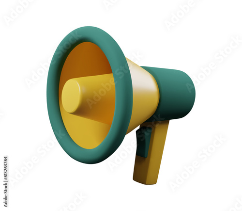 3d render megaphone in green and yellow color for web and app. Plastic cartoon style