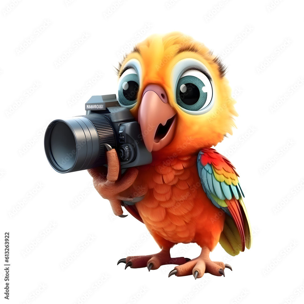 3D rendering of a cute parrot with a camera on white background
