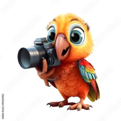 3D rendering of a cute parrot with a camera on white background