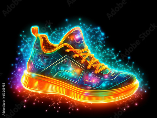 Futuristic glowing sneaker bitcoin art design,Generative AI