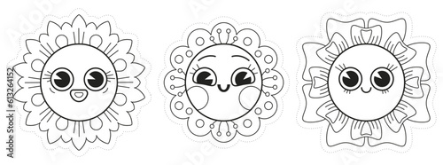 Trois jolies fleurs à colorier, visage rond et grands yeux enfantins, personnages mignons en noir et blanc, pétales arrondis en forme de soleil graphique