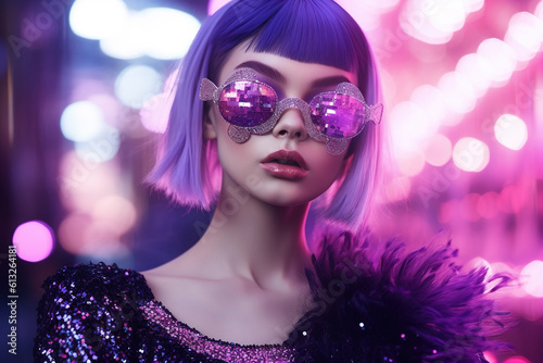 Fashion model woman in colorful bright neon lights in modern sunglasses. 