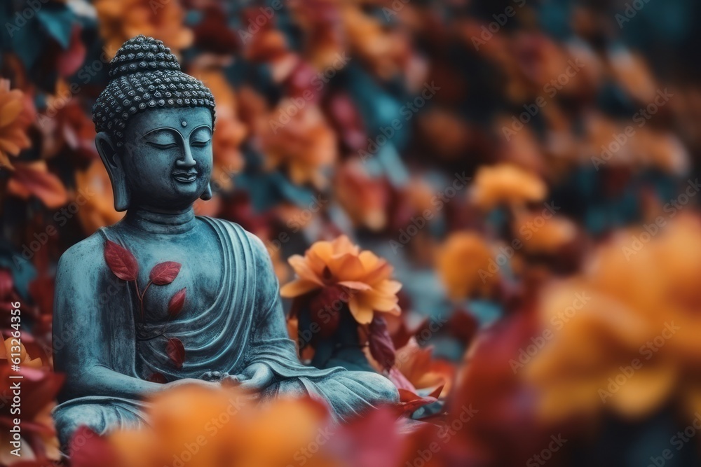 Buddha statue with colourful flowers. Mediation and devotion concept. Generative AI