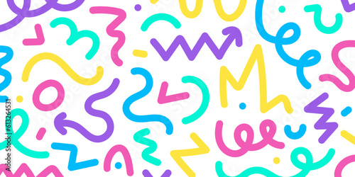 Fun colorful seamless pattern. Creative doodle abstract style art background for kids. Trendy texture design with contemporary basic shapes. Vector illustration